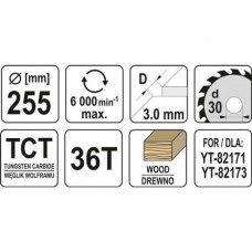 YATO Disc circular pentru lemn 255X36TX30mm..